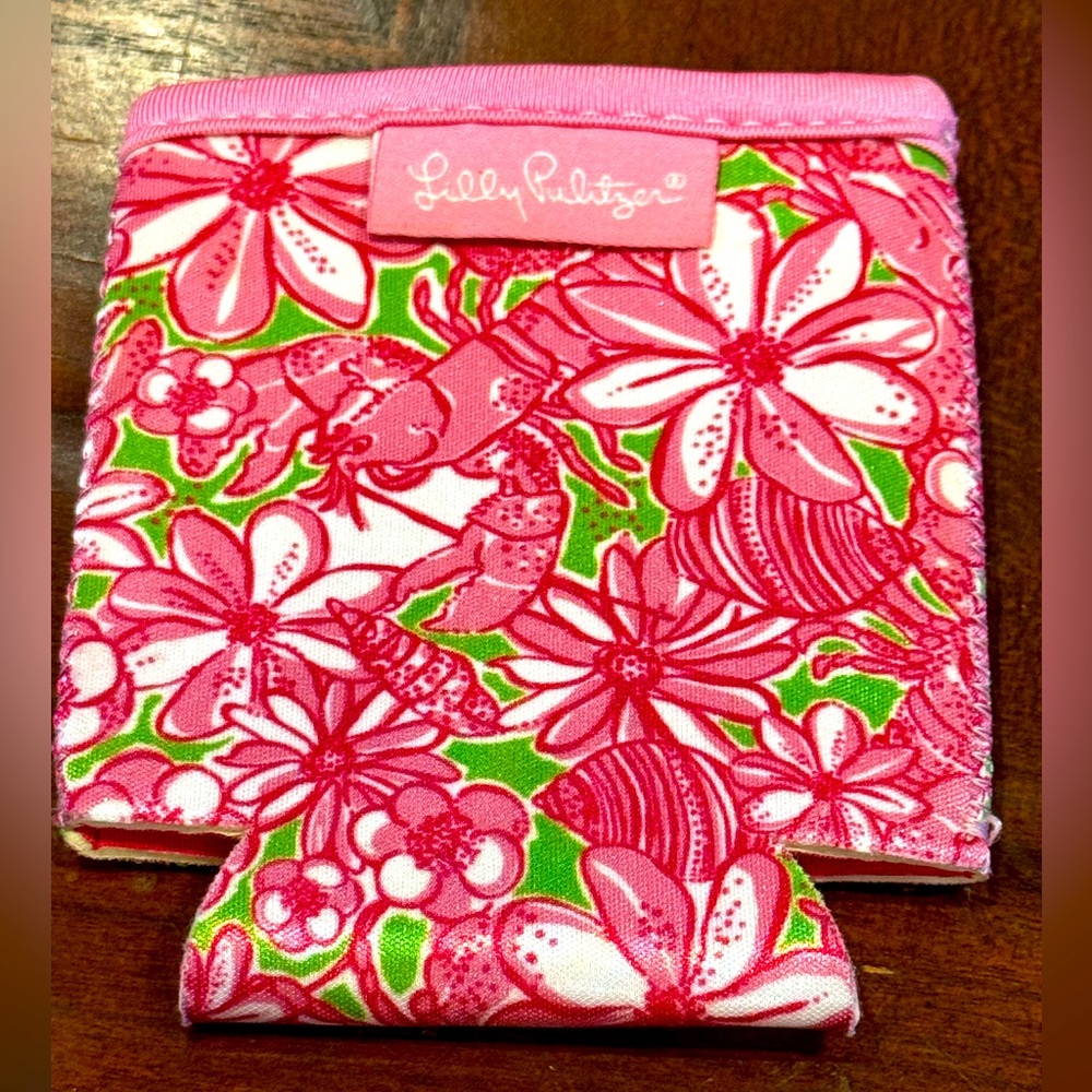 Lilly Pulitzer Cup Holder Koozie Pink Green Lobster Shells Flowers EUC